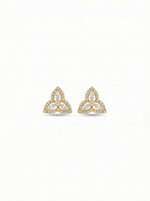 Pair of 18k gold plated Trinity knot earrings on a white background