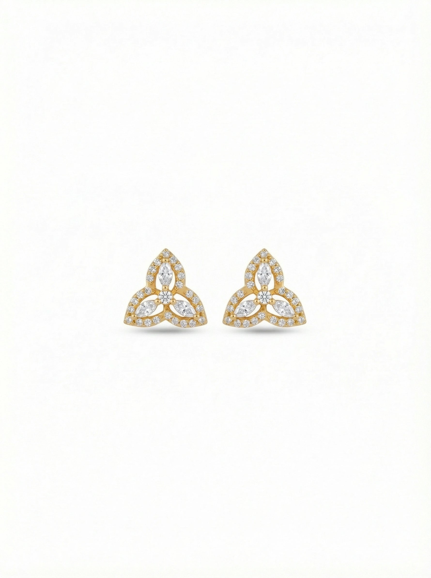 Pair of 18k gold plated Trinity knot earrings on a white background