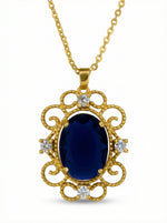 18k Gold plated pendant with a blue gemstone and diamonds on a white background