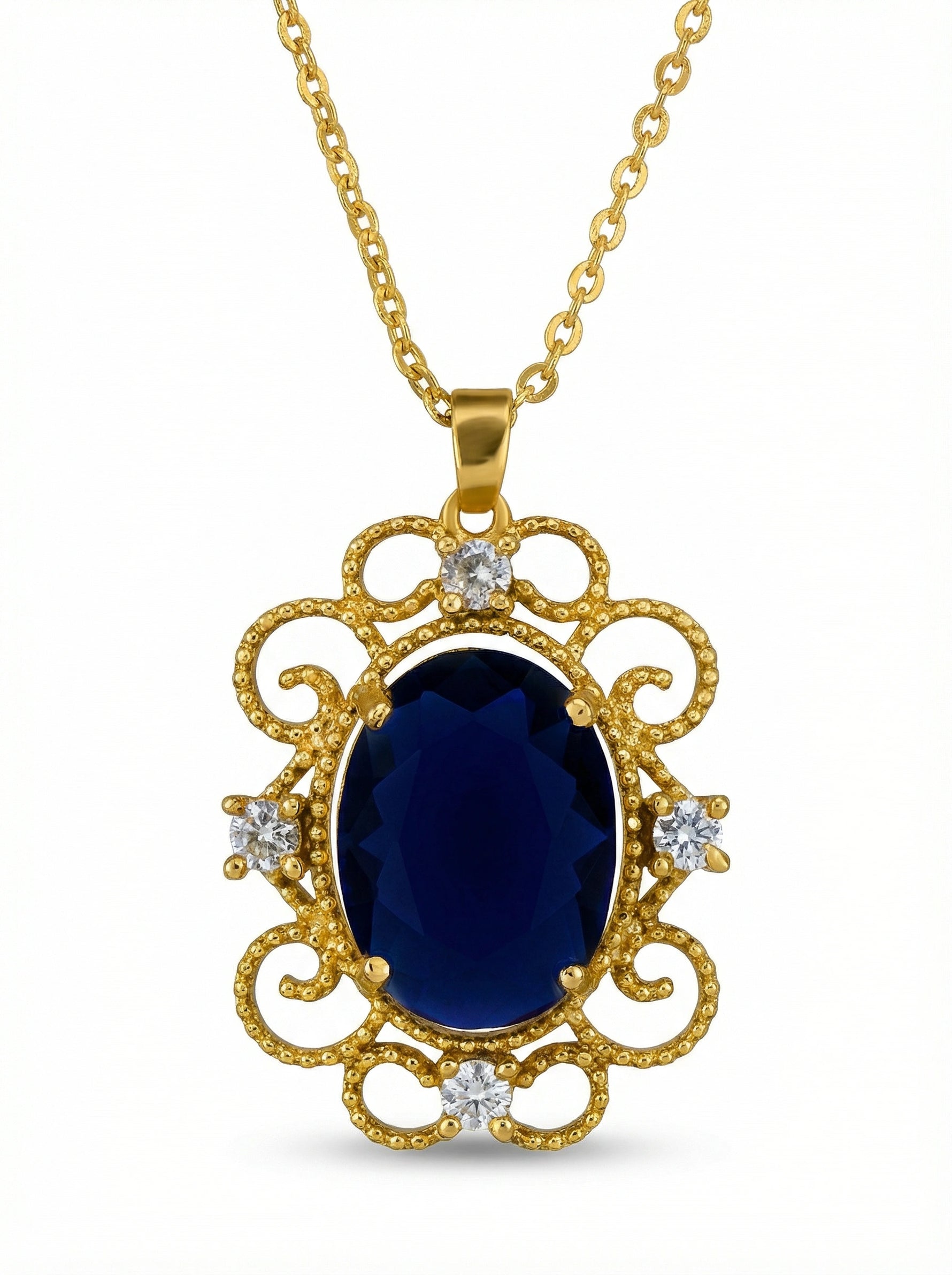 18k Gold plated pendant with a blue gemstone and diamonds on a white background