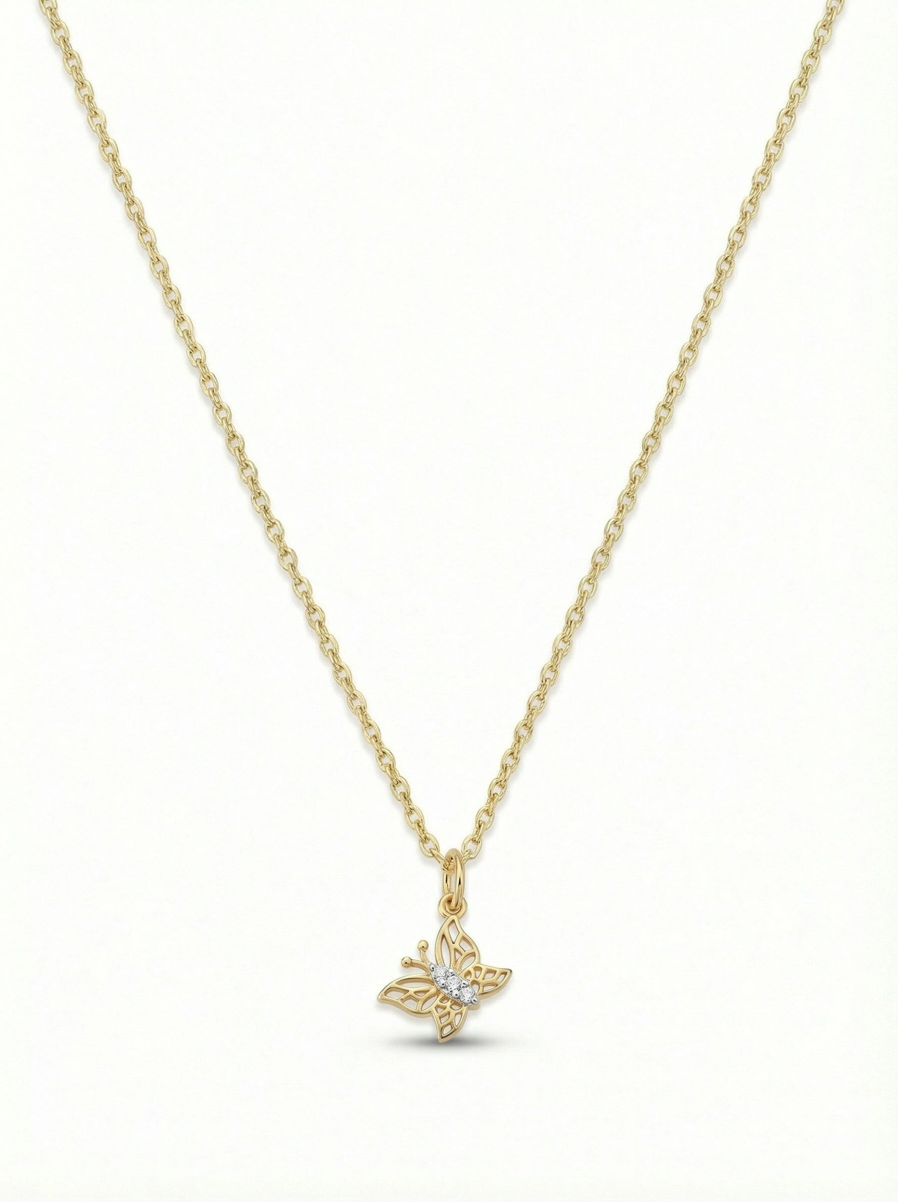18k Gold plated butterfly necklace on a white background