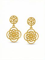Pair of 18k gold plated Celtic knot earrings on a white background