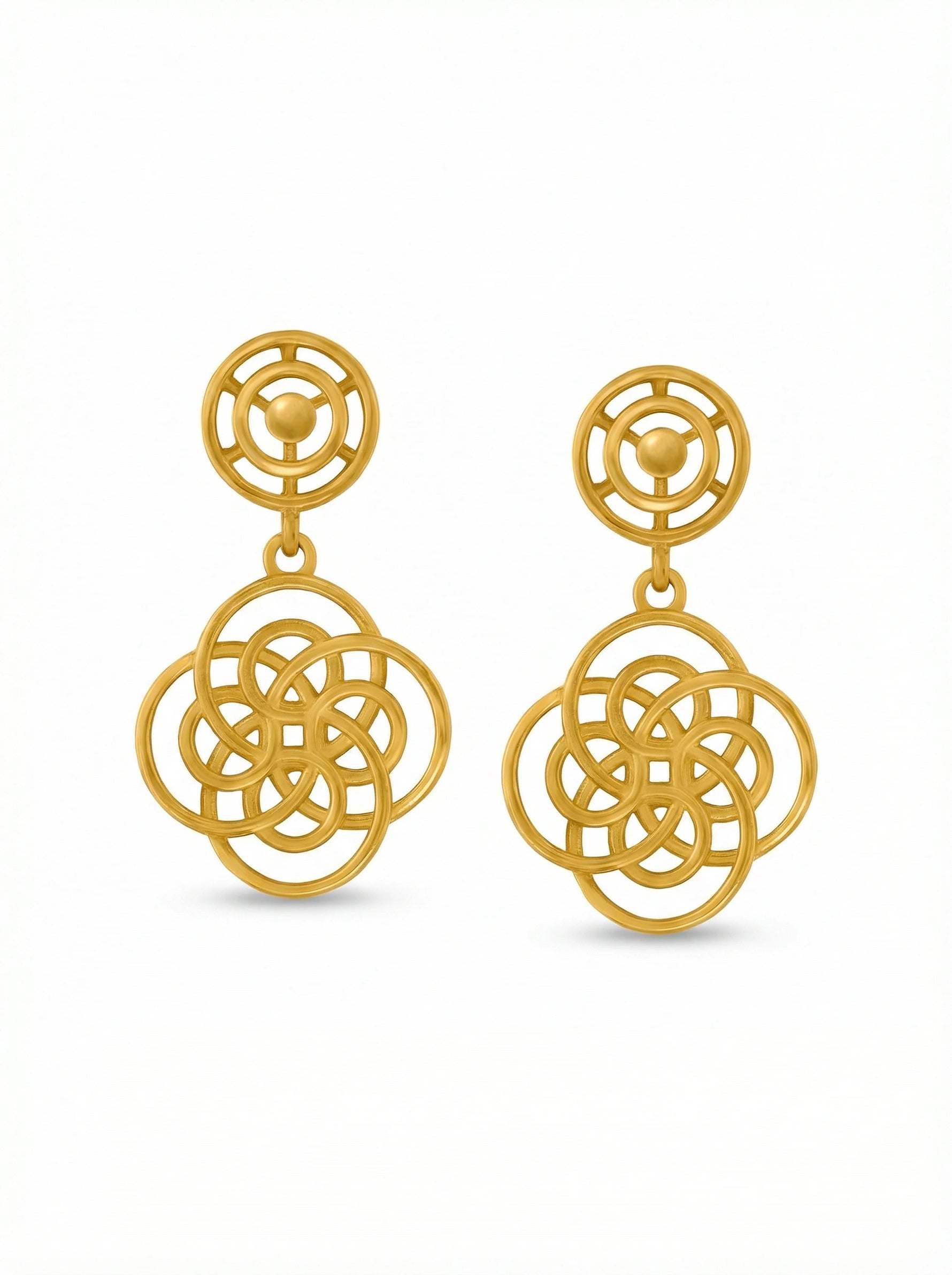 Pair of 18k gold plated Celtic knot earrings on a white background