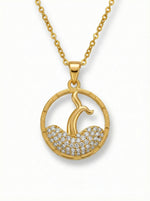 18k Gold plated necklace with a circular pendant featuring a design of a woman and child, set against a white background.