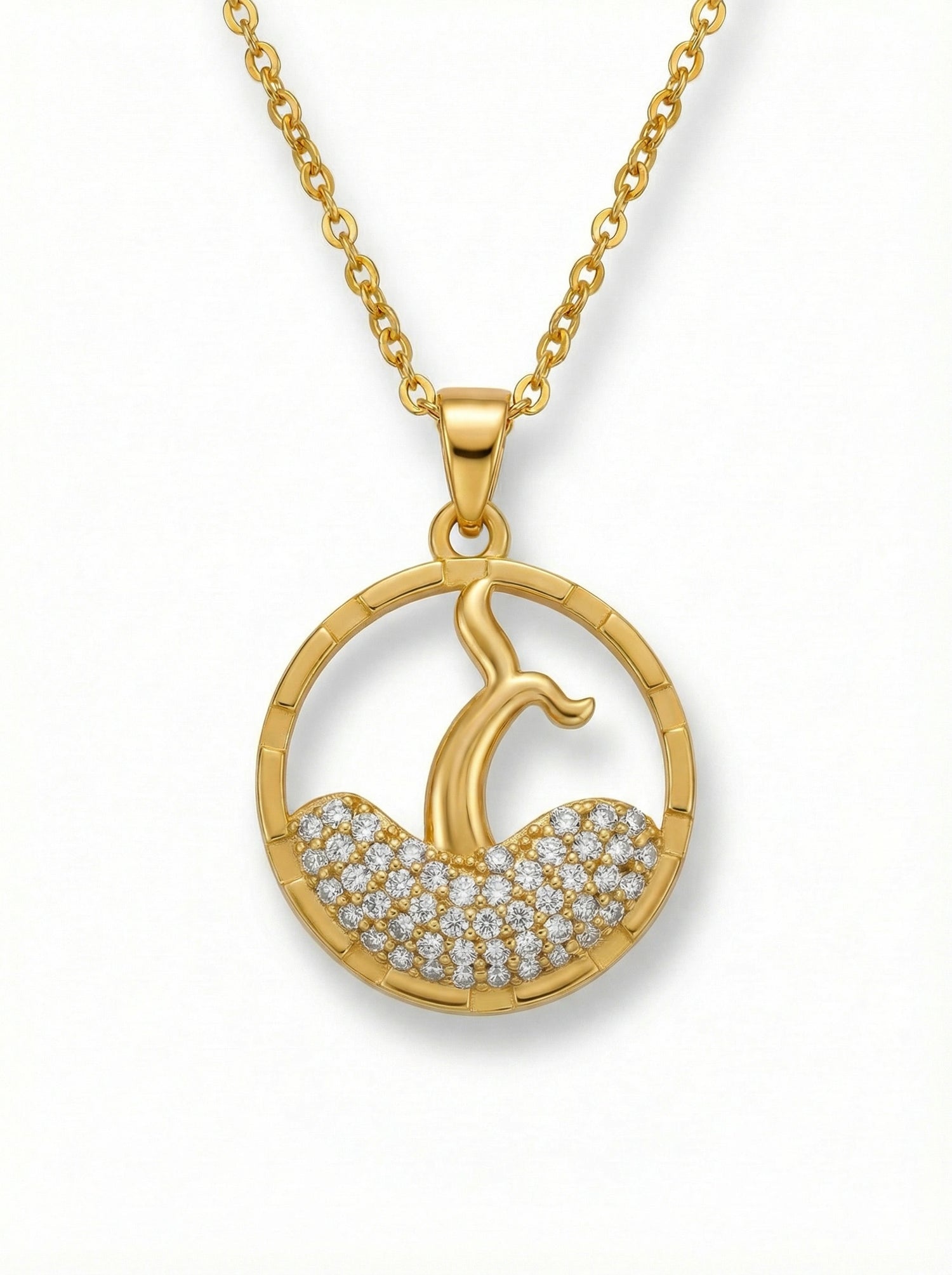 18k Gold plated necklace with a circular pendant featuring a design of a woman and child, set against a white background.