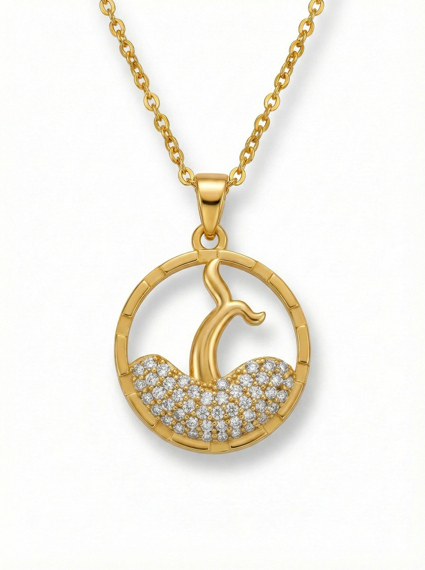 18k Gold plated necklace with a circular pendant featuring a design of a woman and child, set against a white background.