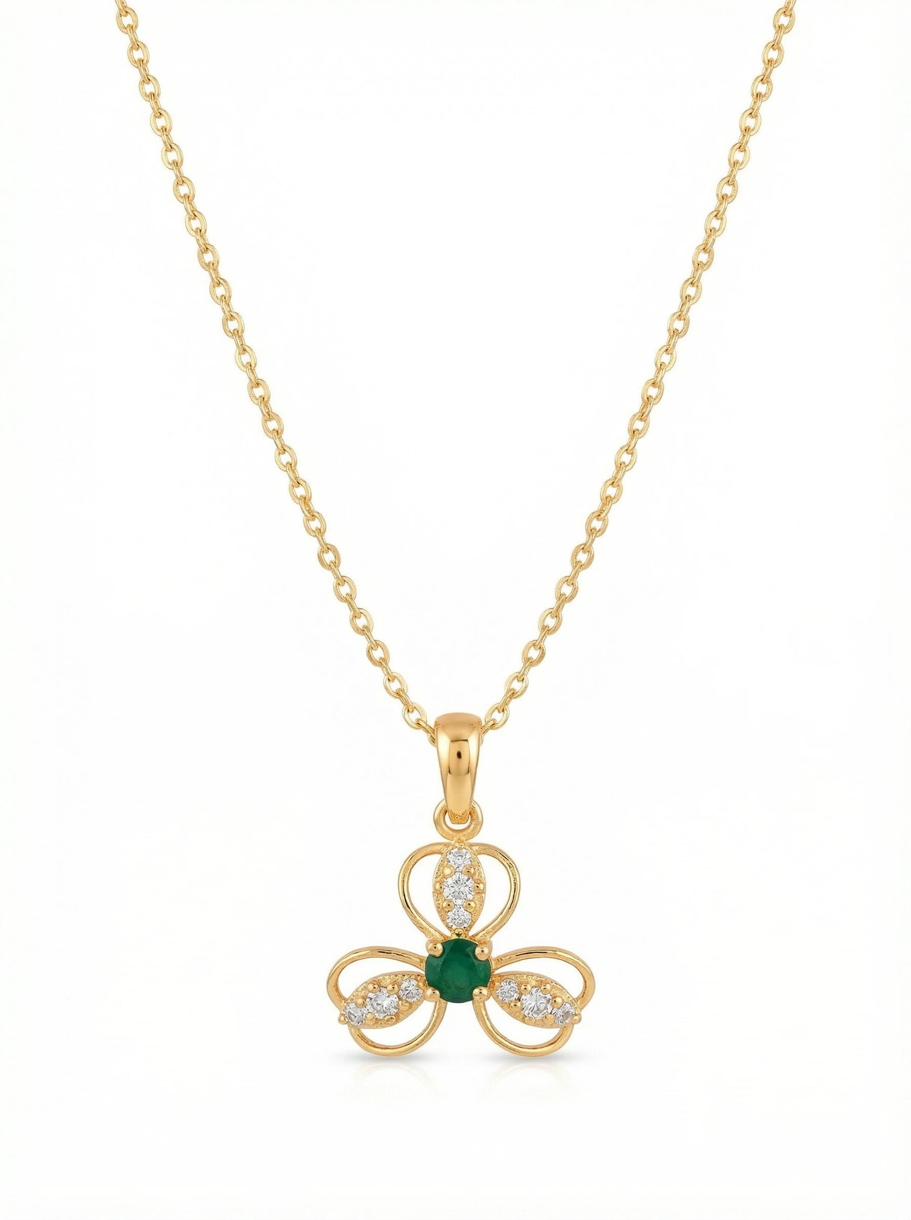 18k Gold plated necklace with a clover-shaped pendant featuring a green gemstone on a white background