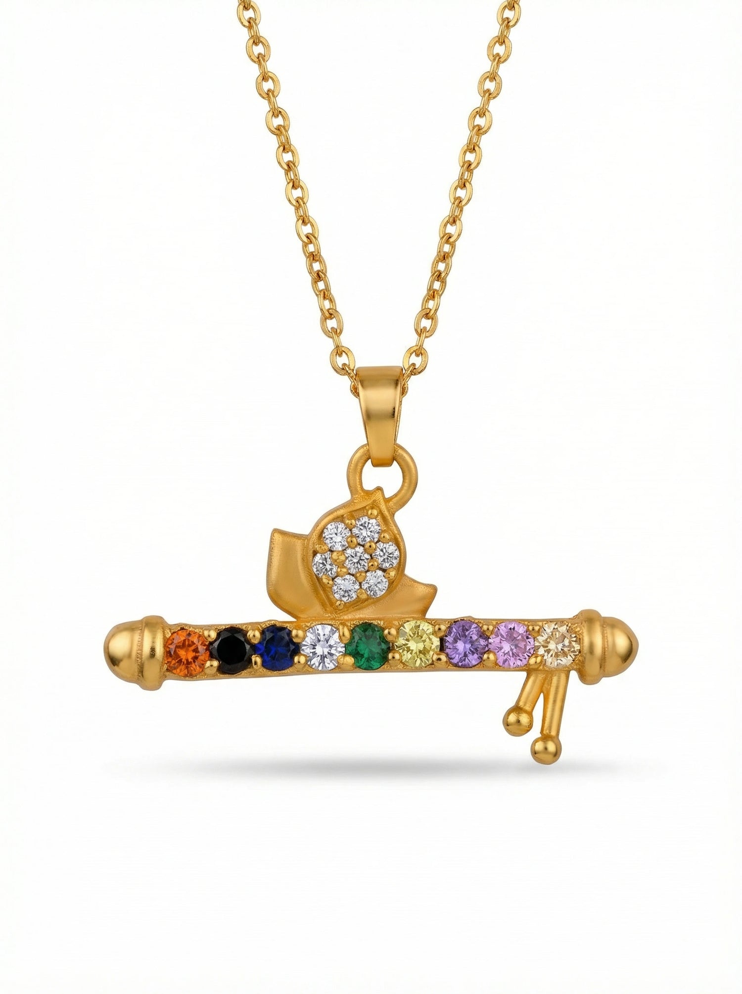 18k Gold plated necklace with a pendant featuring colorful gemstones on a white background