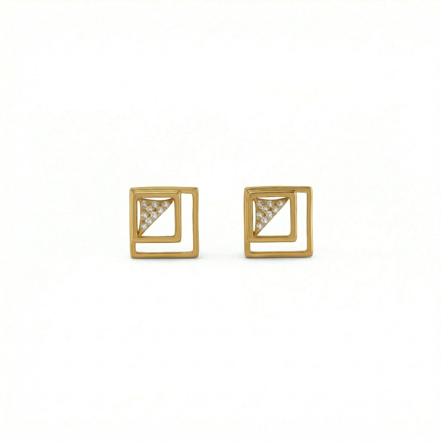 18k Gold plated square earrings with diamond accents on a white background