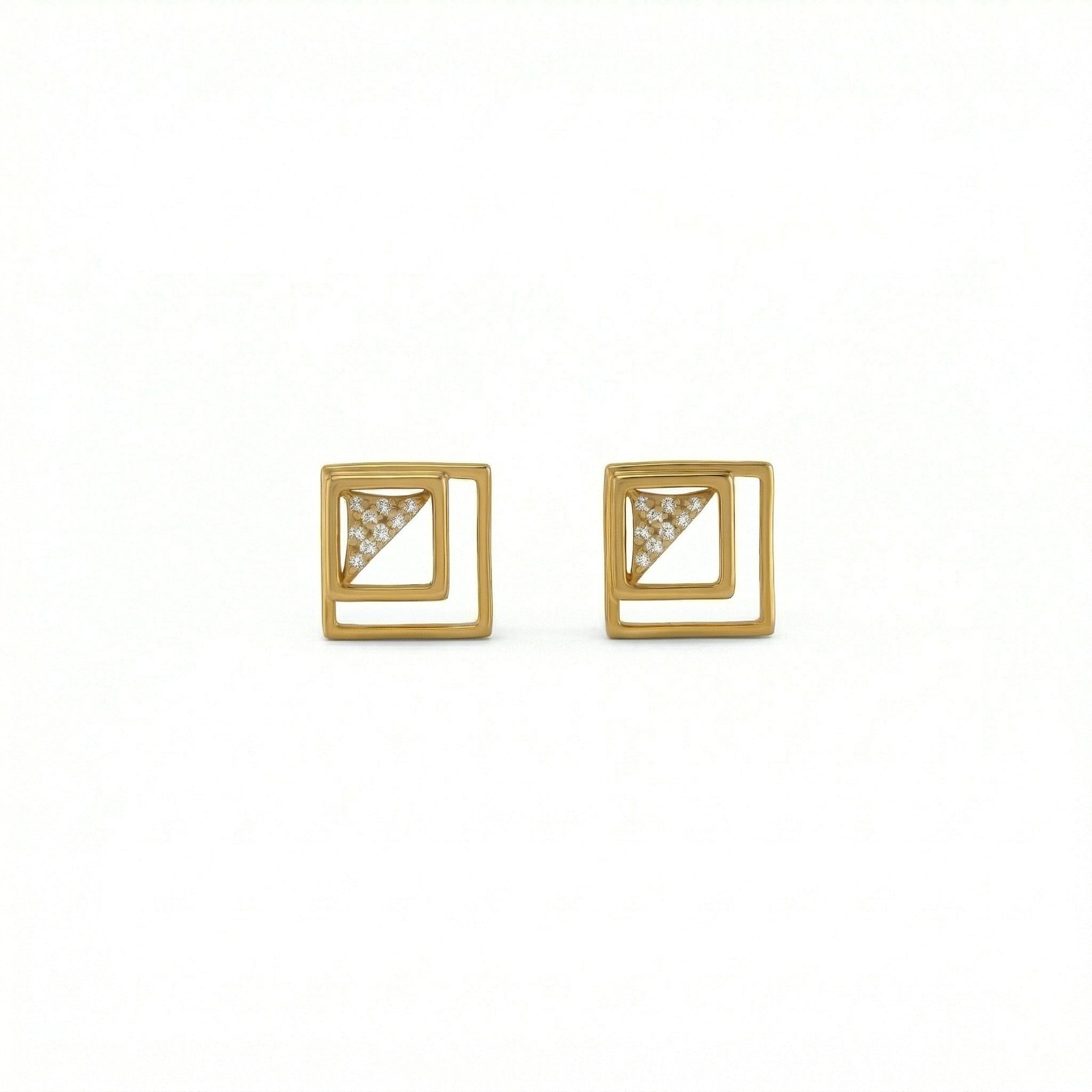 18k Gold plated square earrings with diamond accents on a white background