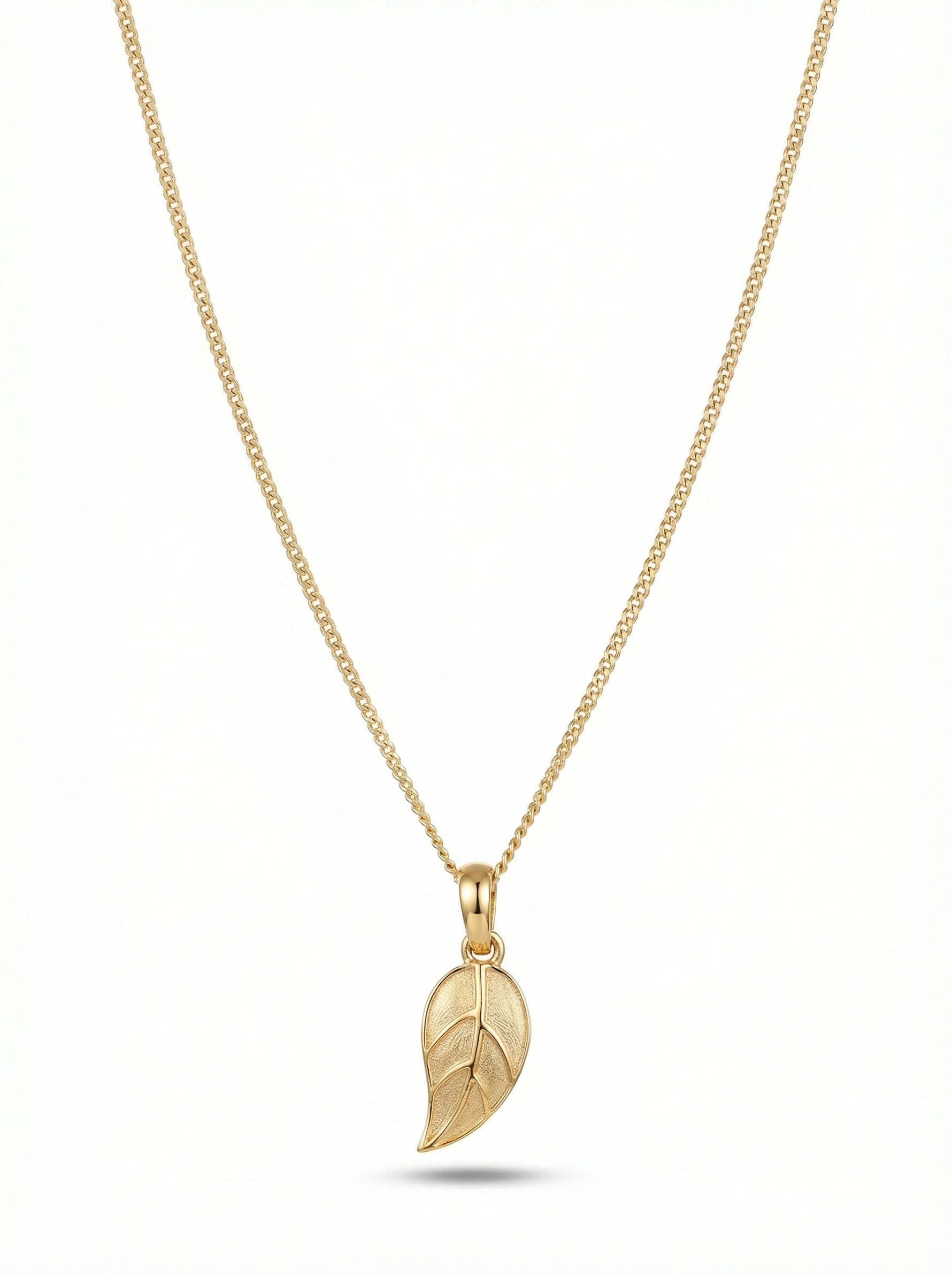 18k Gold plated leaf pendant necklace on a white background