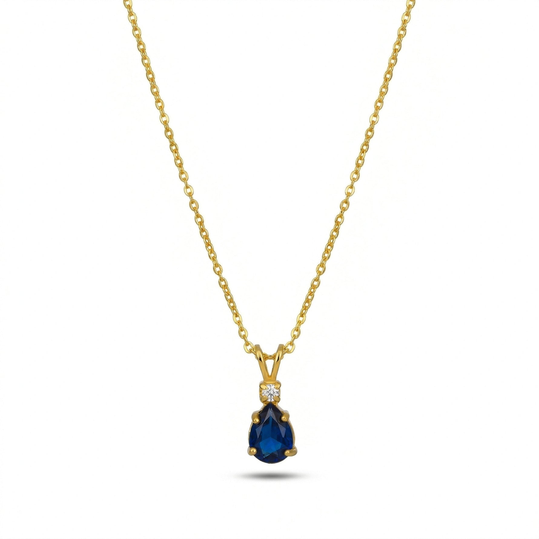 18k Gold plated necklace with a blue teardrop pendant on a white background