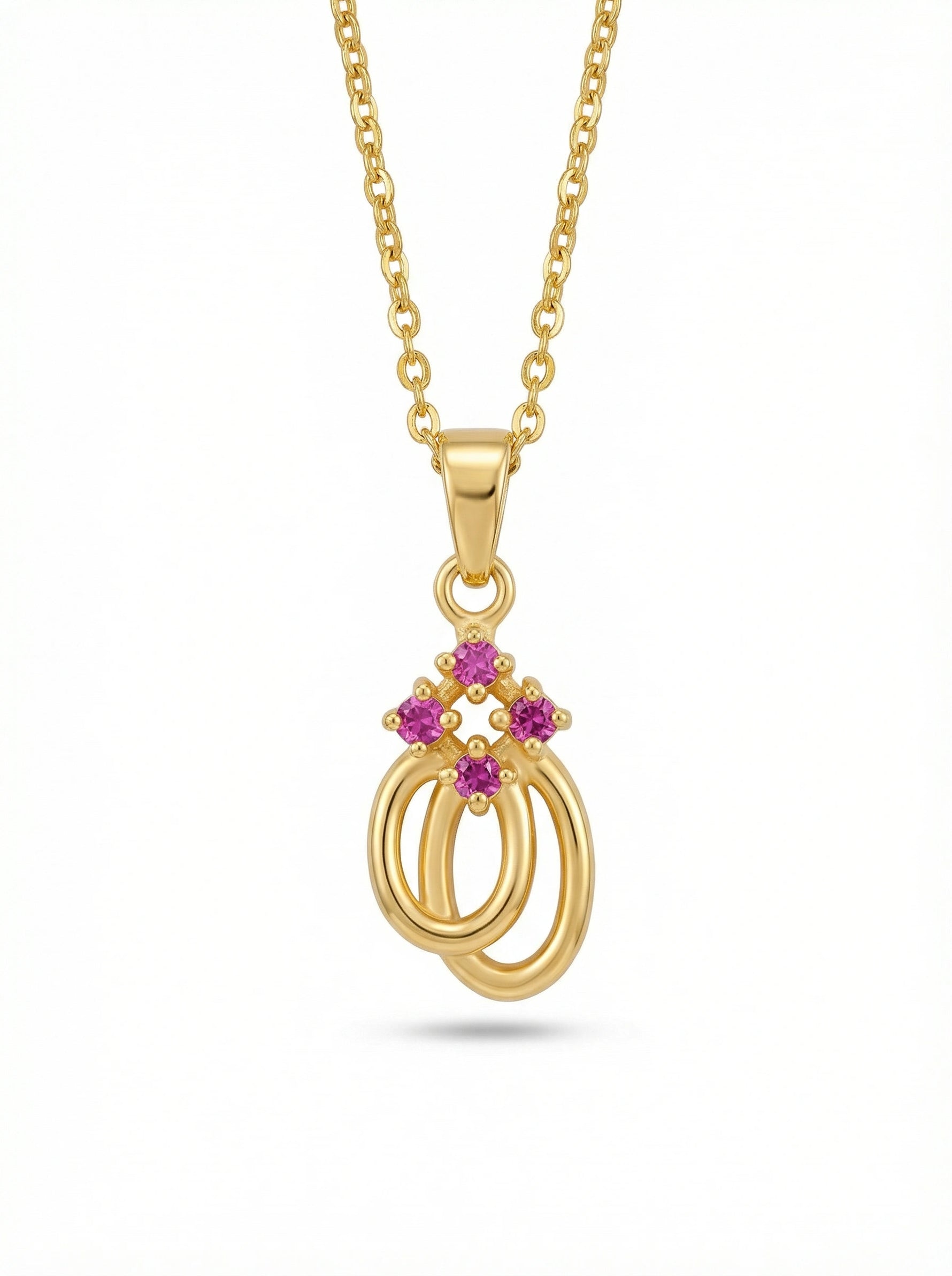 18k Gold plated necklace with a pendant featuring pink gemstones on a white background