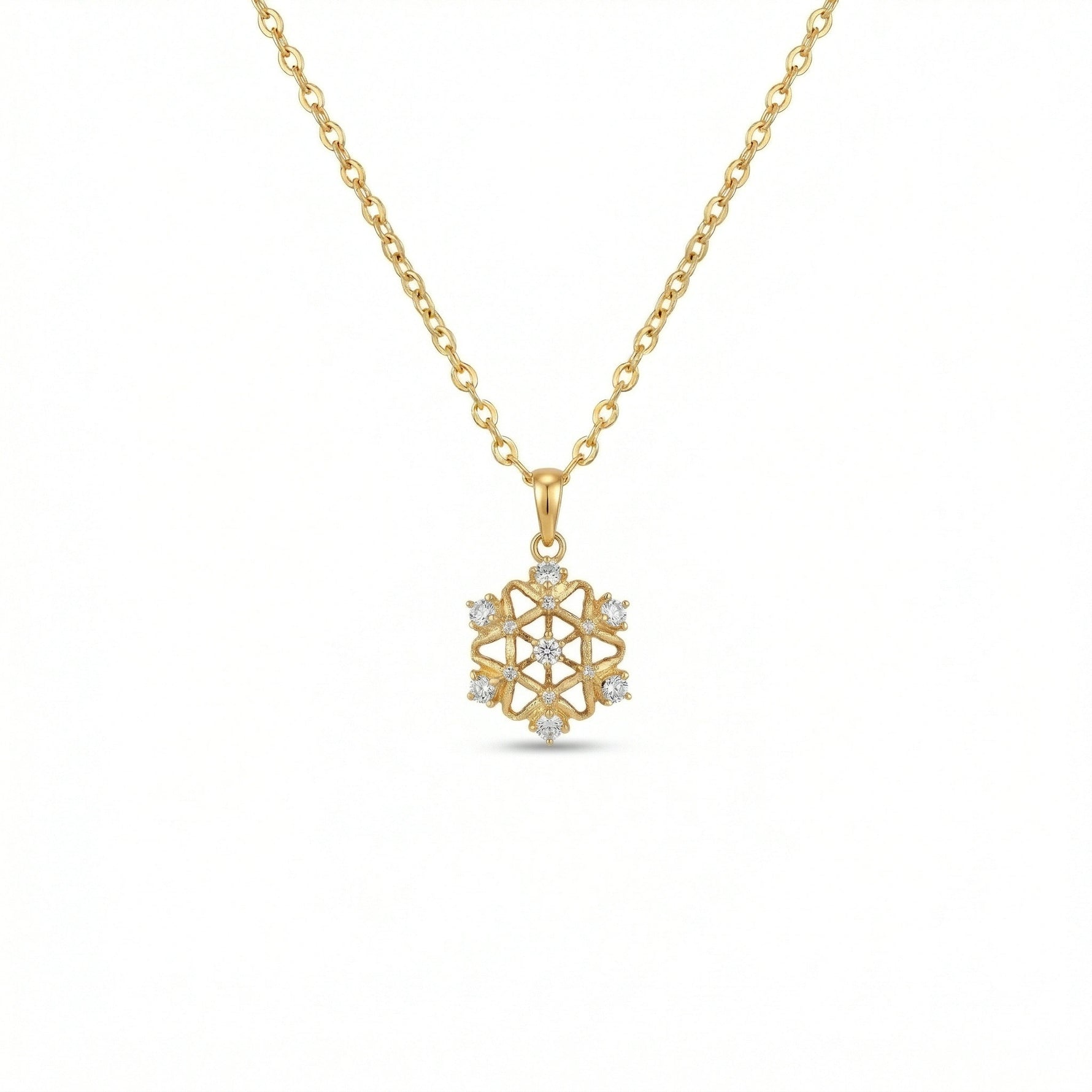 18k Gold plated necklace with a snowflake-shaped pendant on a white background