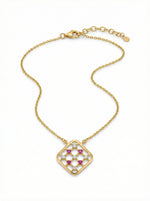 18k Gold plated necklace with a square pendant featuring gemstones on a white background