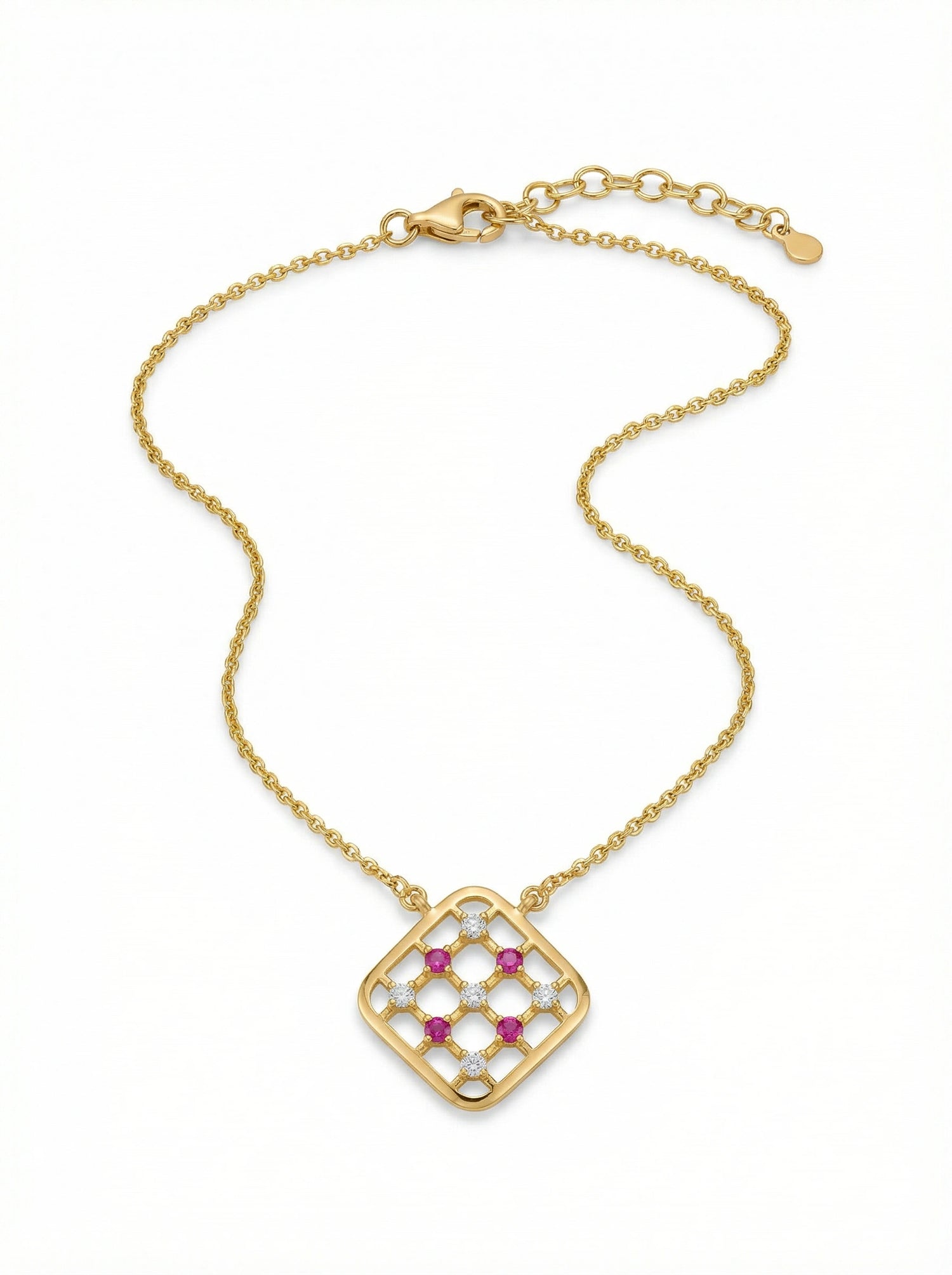 18k Gold plated necklace with a square pendant featuring gemstones on a white background