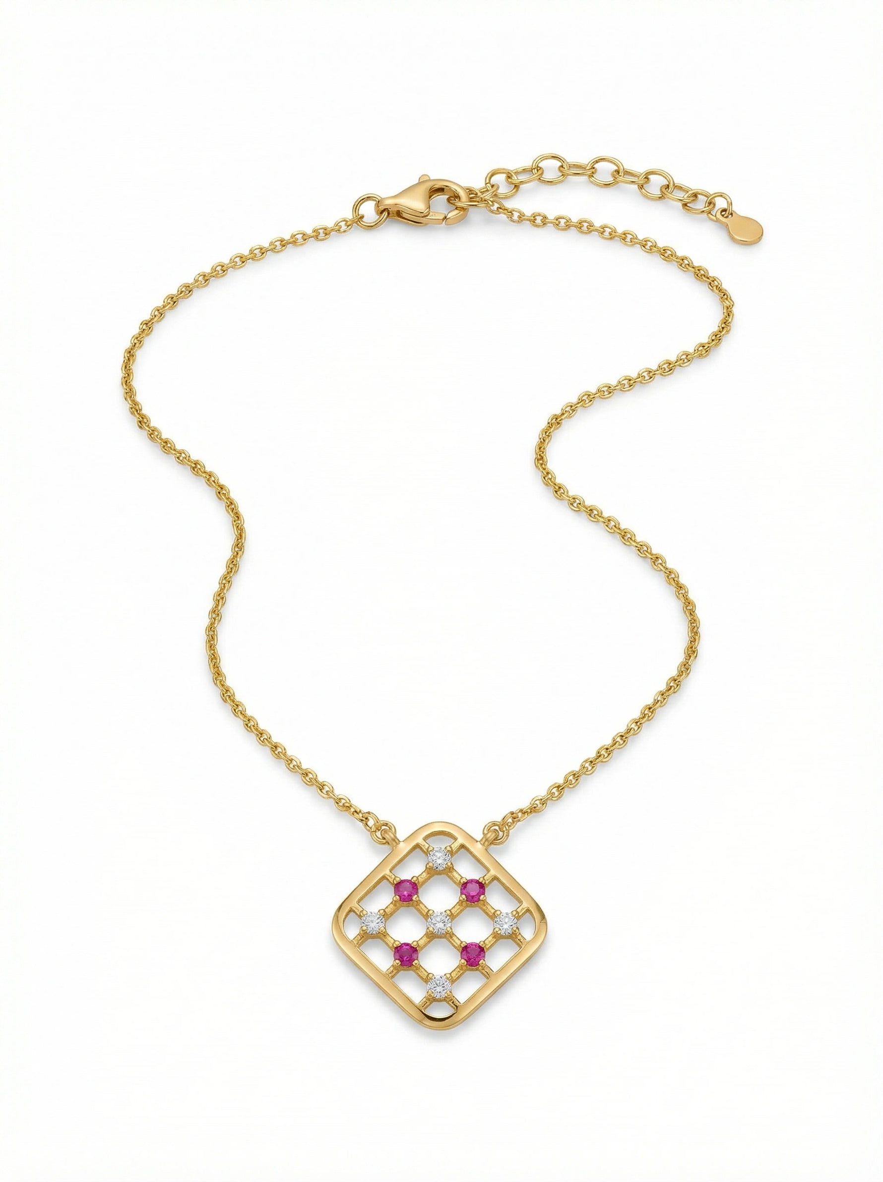 18k Gold plated necklace with a square pendant featuring gemstones on a white background