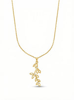 18k Gold plated necklace with a leaf-shaped pendant on a white background