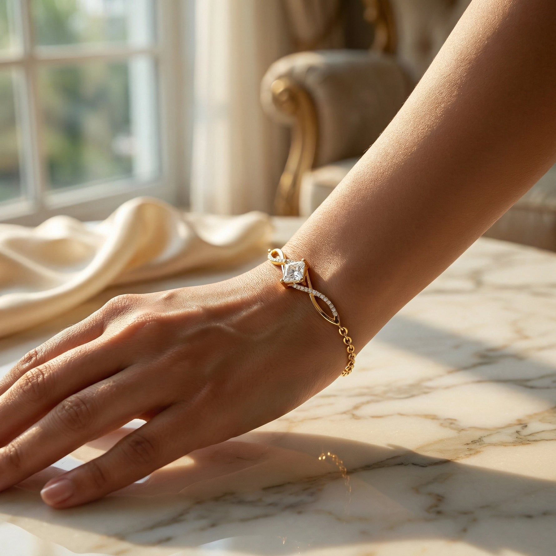 18k Gold plated bracelet with a diamond on a wrist against a blurred indoor background