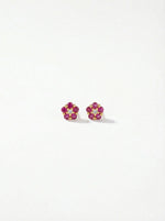 Pair of flower-shaped earrings with 18k gold plated pink and yellow stones on a white background