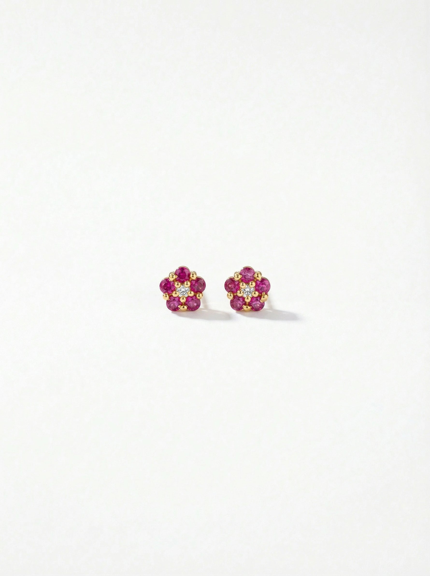 Pair of flower-shaped earrings with 18k gold plated pink and yellow stones on a white background