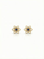 18k Gold plated  flower-shaped earrings with blue centers on a white background