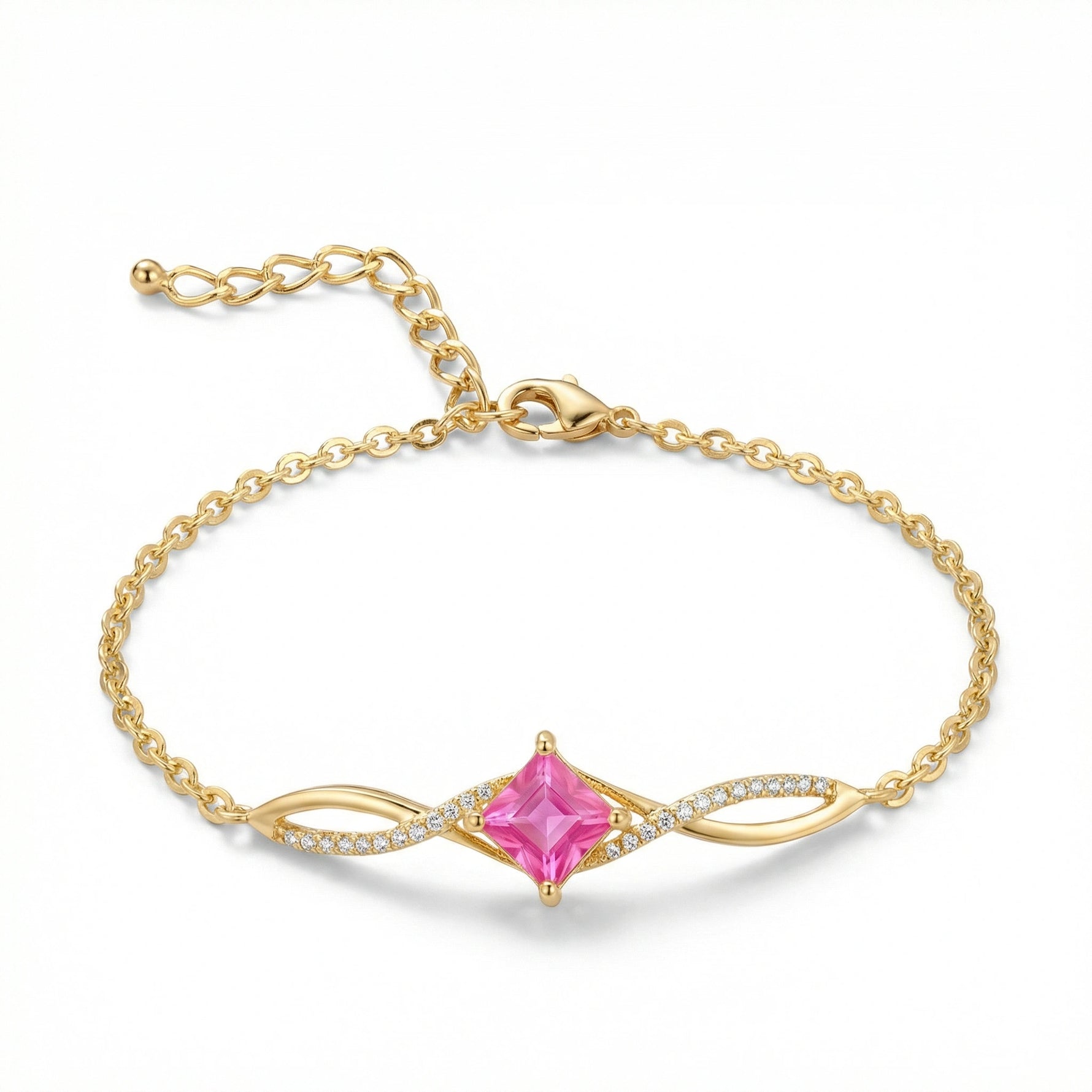 18k Gold plated bracelet with a pink gemstone on a white background