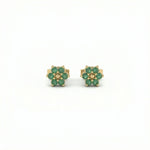 18k Gold plate earrings with green gemstones on a white background