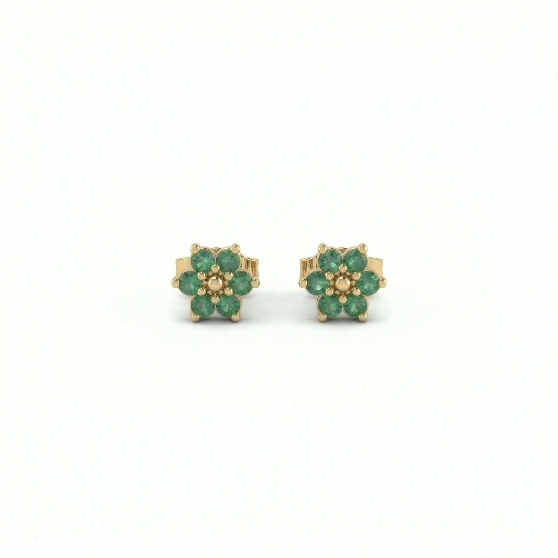 18k Gold plate earrings with green gemstones on a white background