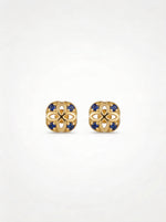18k Gold plated earrings with blue stones on a white background
