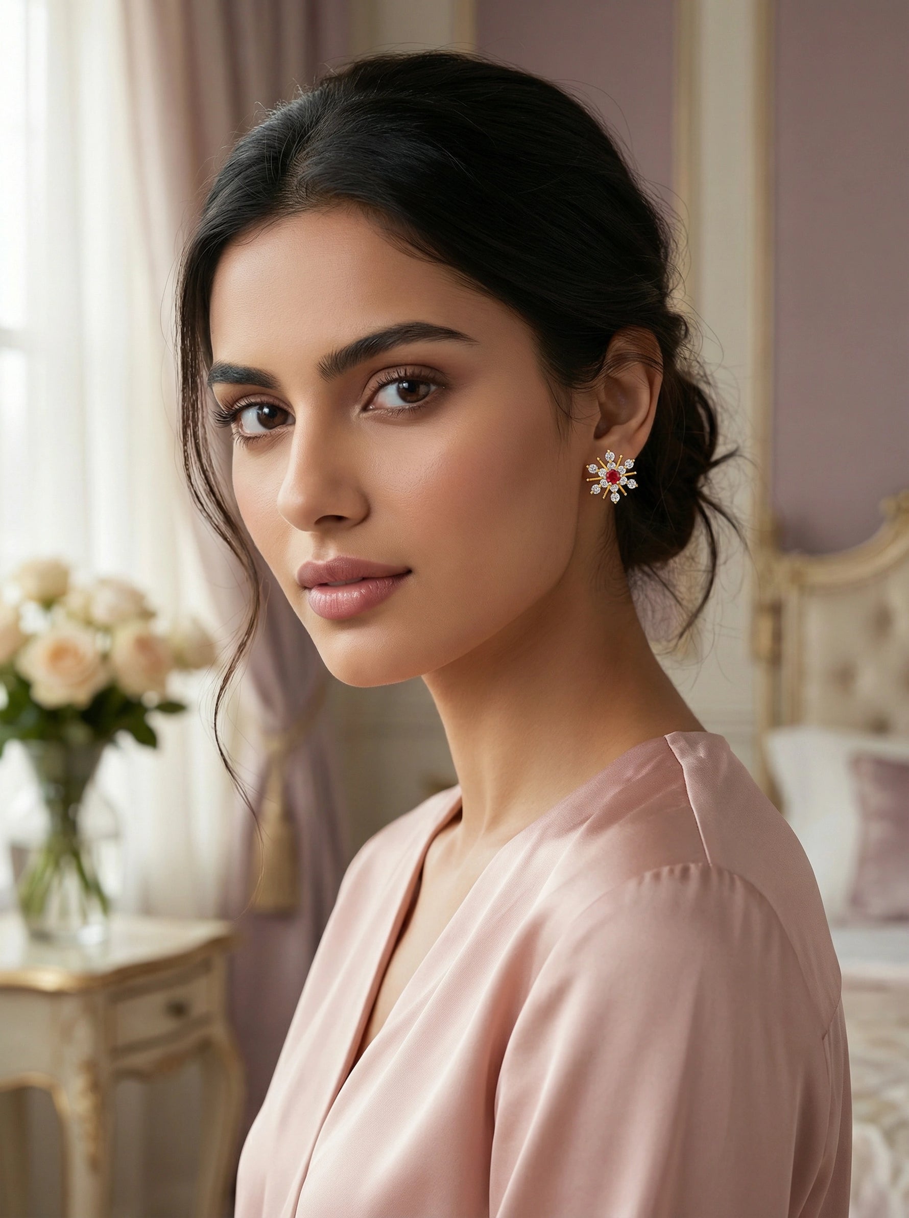 Woman wearing a pink blouse with floral  18k gold plated  earrings in an elegant room.