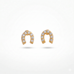 Gold horseshoe-shaped earrings with embedded stones on a white background