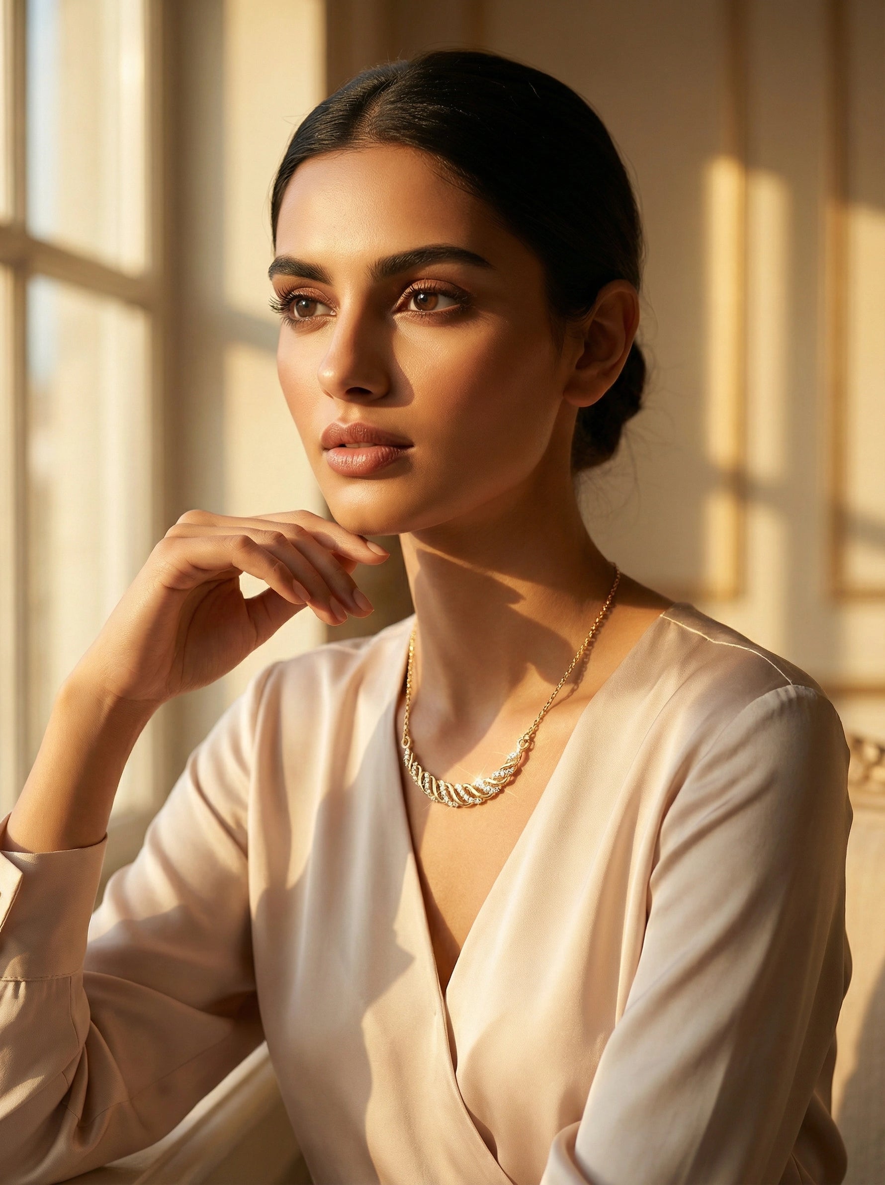 Woman wearing a beige top and 18k gold plated necklace in a softly lit room.