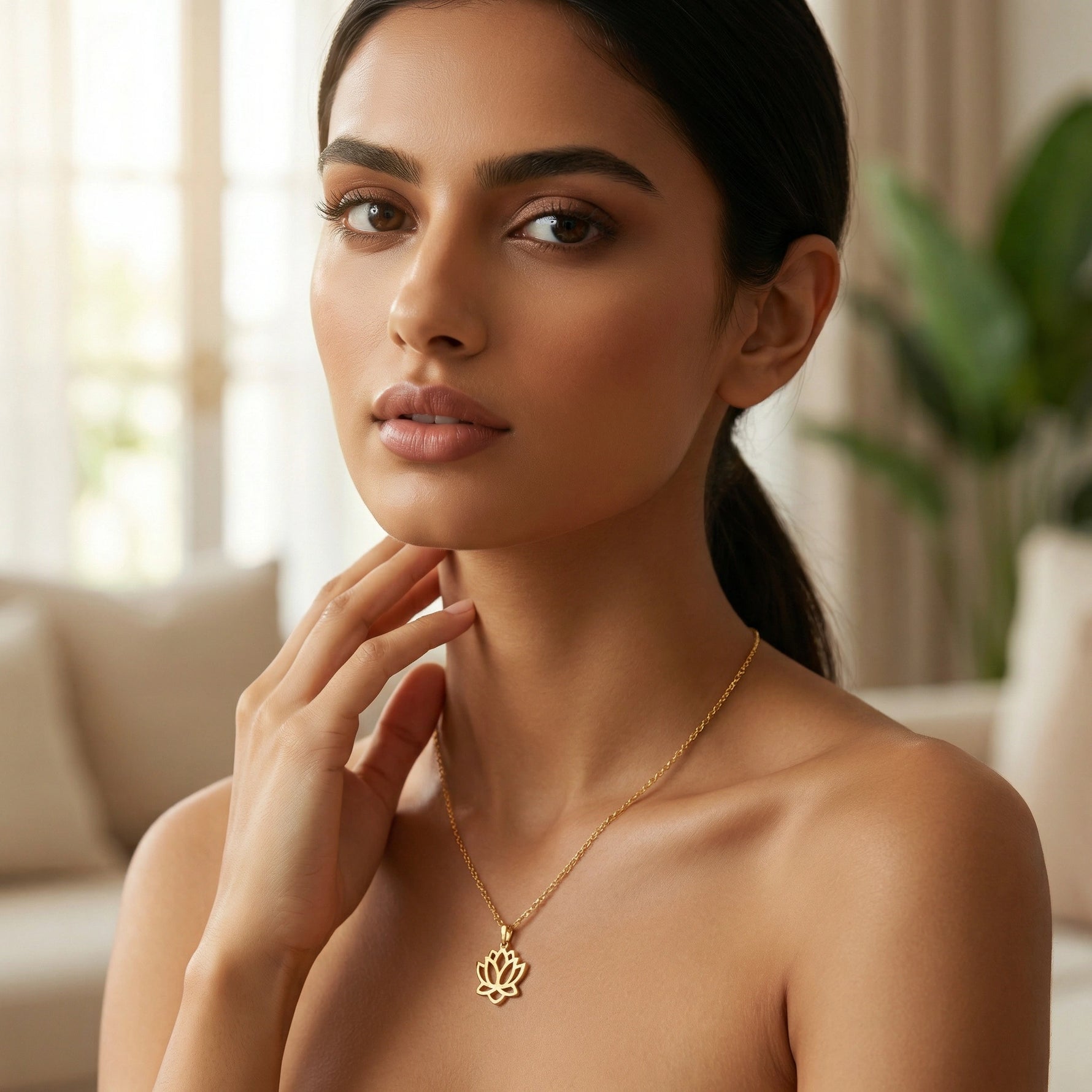 Woman wearing a 18k  gold plated necklace with a blurred indoor background