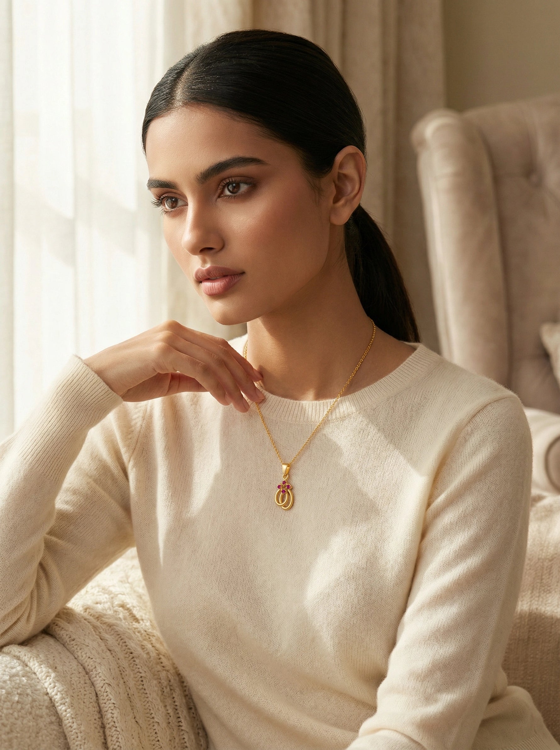 Woman wearing a 18k  gold plated necklace with a pendant in a softly lit room.