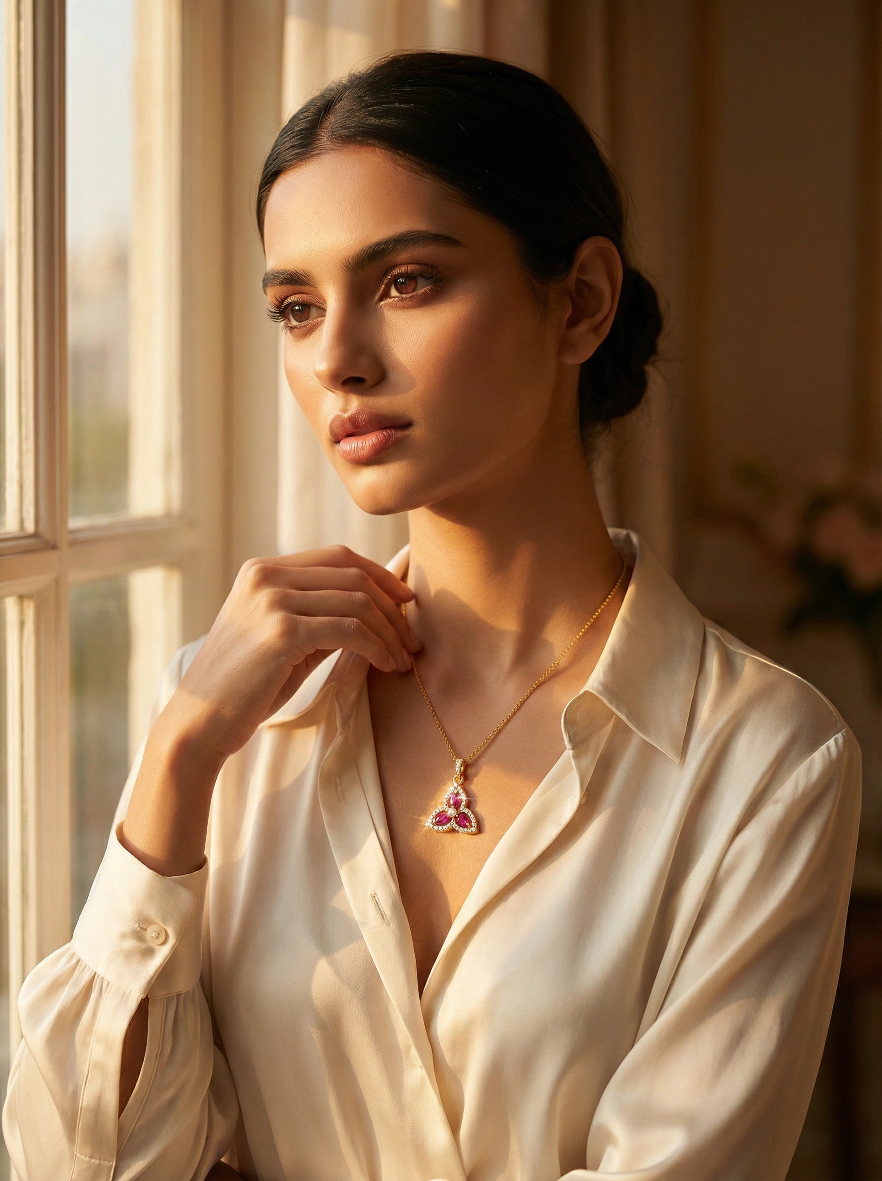 Woman wearing a white shirt and  18k gold plated necklace with a pendant, standing by a window.