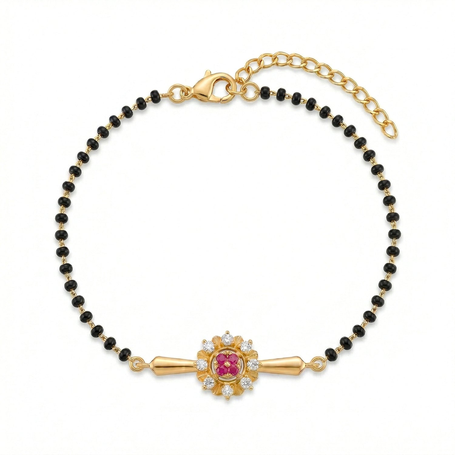 18k Gold plated bracelet with black beads and a central pink gemstone on a white background