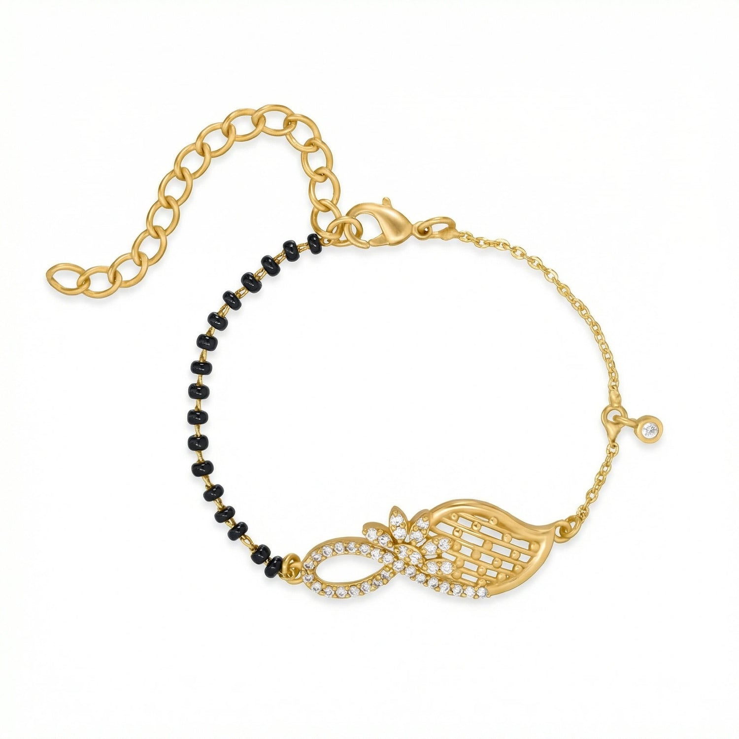 18k Gold plated bracelet with black beads and a decorative clasp on a white background