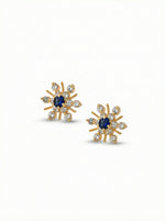 18k Gold plated earrings with blue gemstones on a white background