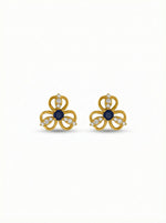 18k Gold plated flower-shaped earrings with blue centers on a white background