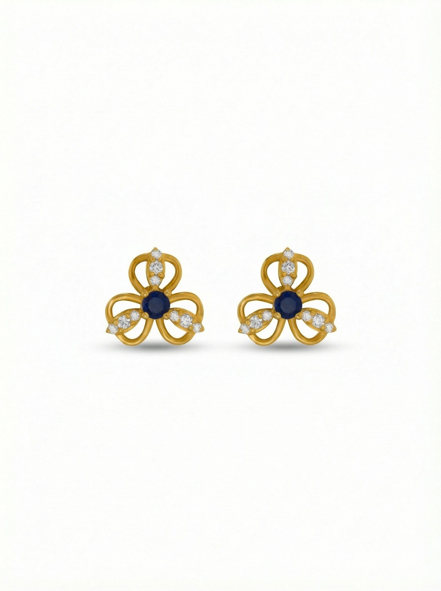 18k Gold plated flower-shaped earrings with blue centers on a white background