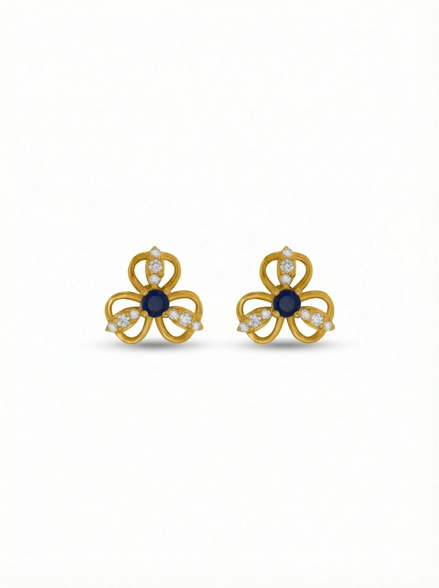 18k Gold plated flower-shaped earrings with blue centers on a white background