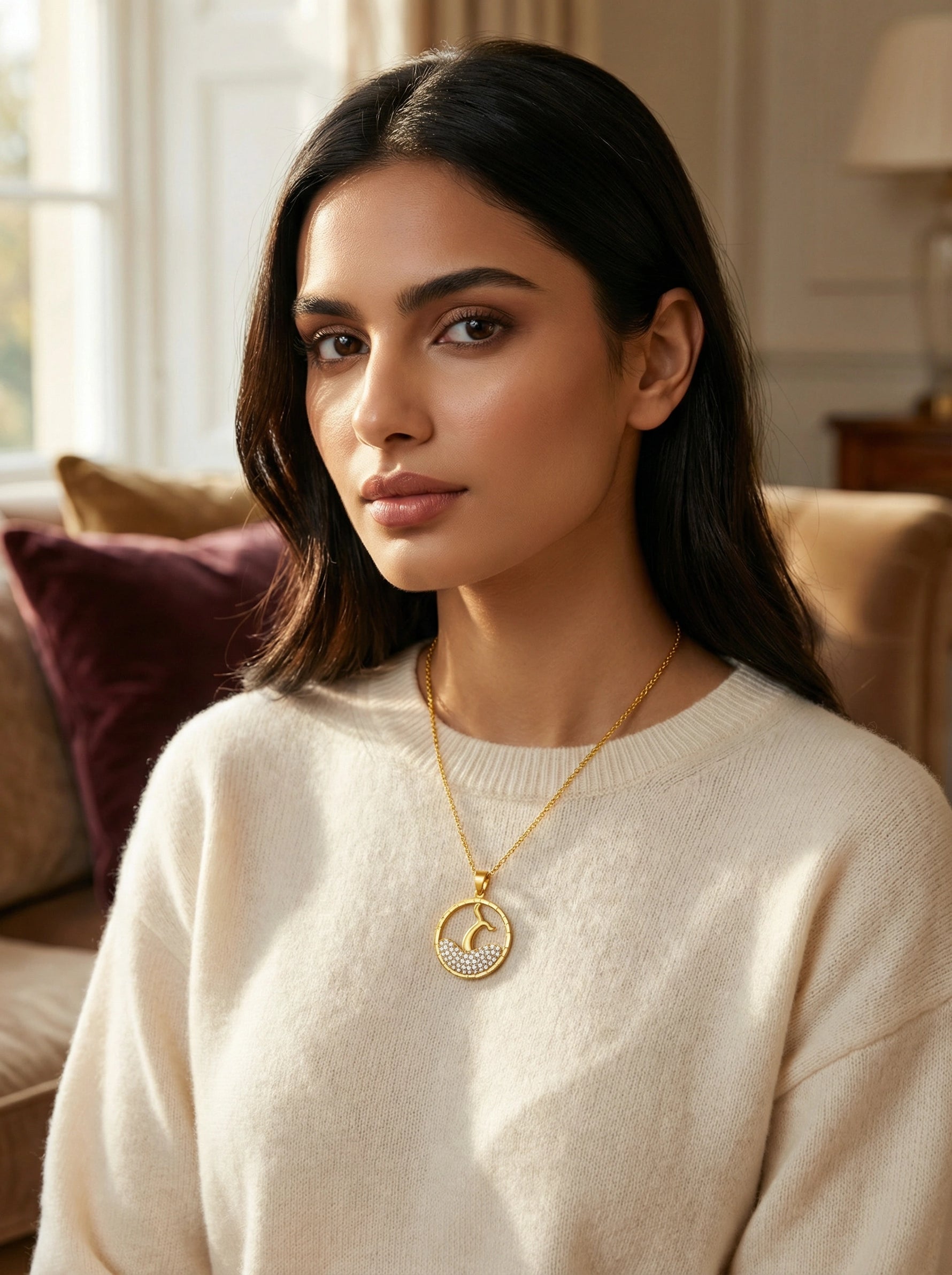 Woman wearing a 18k gold plated necklace with a circular pendant in a cozy living room.