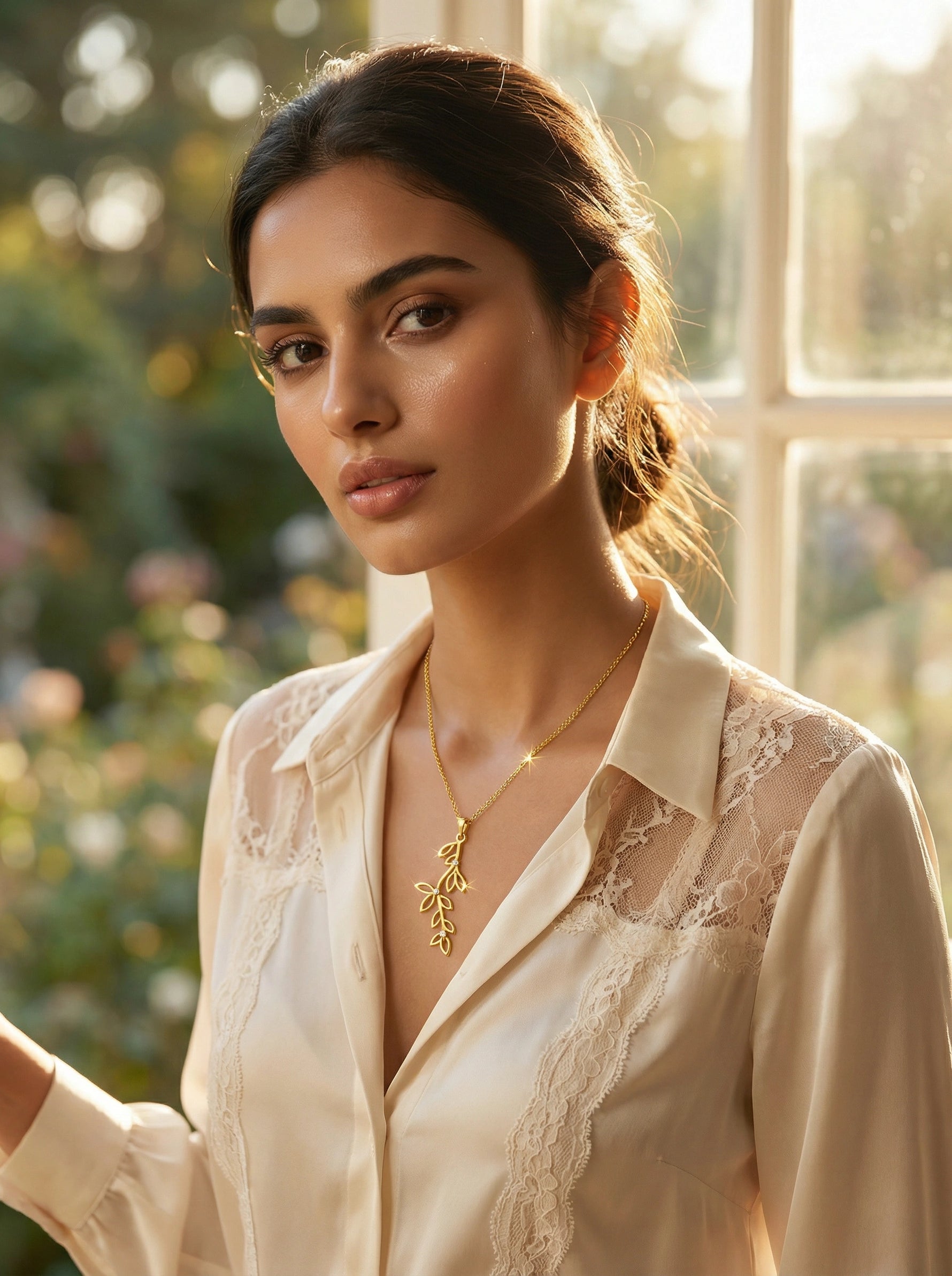 Woman wearing a 18k gold plated necklace in a softly blurred outdoor setting