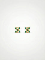 18k gold plated earrings with green gemstones on a white background
