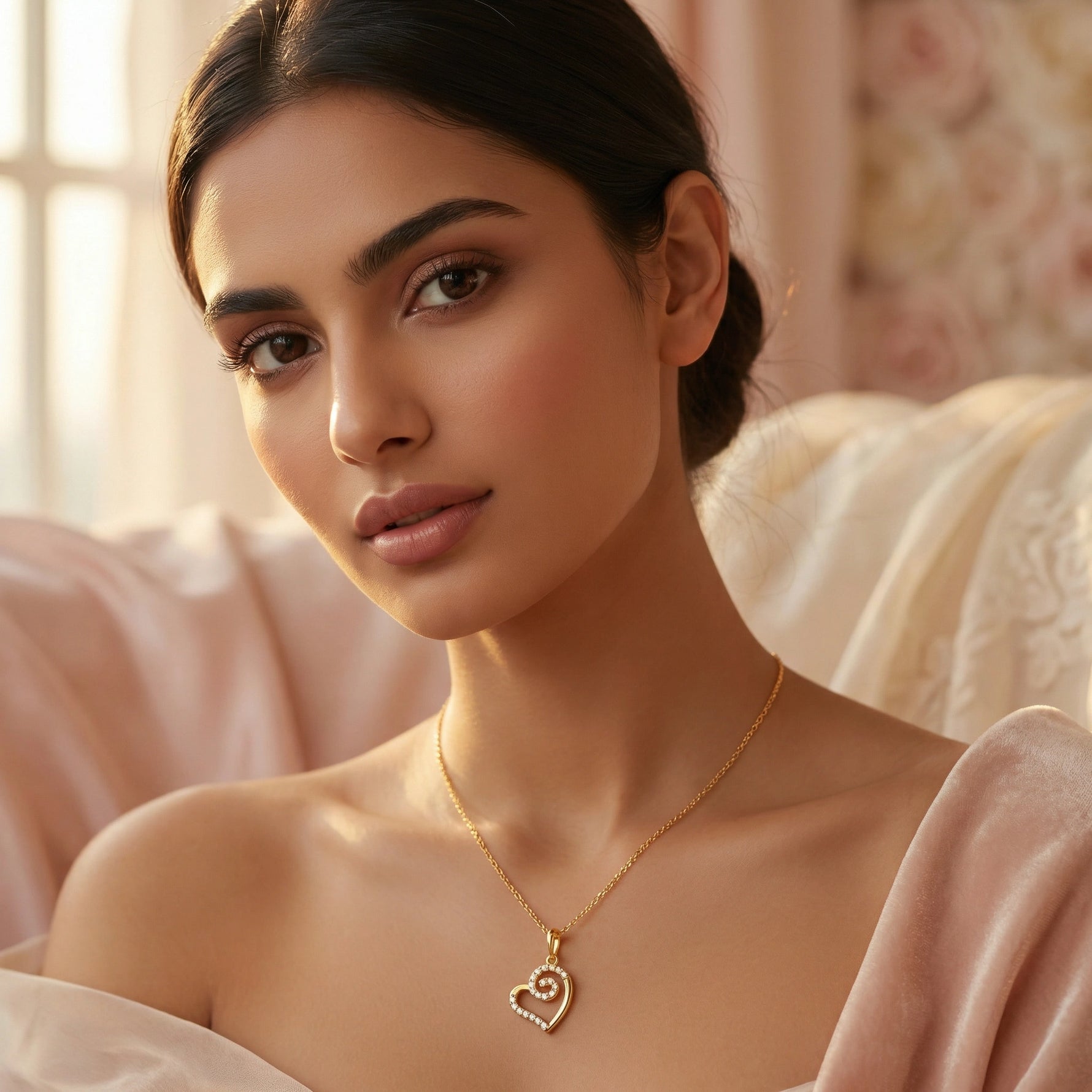 Woman wearing a 18k gold plated necklace with a heart pendant in a soft, blurred indoor setting