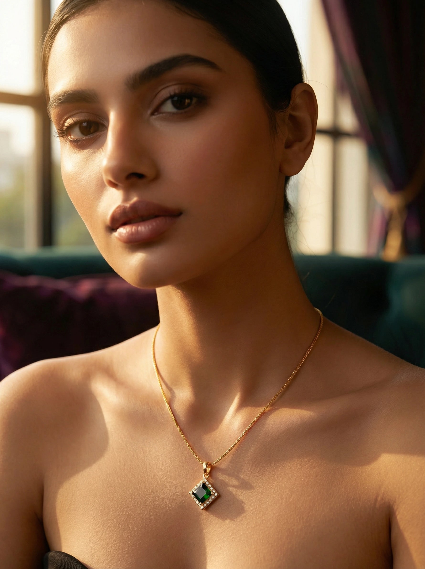 Woman wearing a 18k gold plated necklace with a green gemstone pendant indoors.