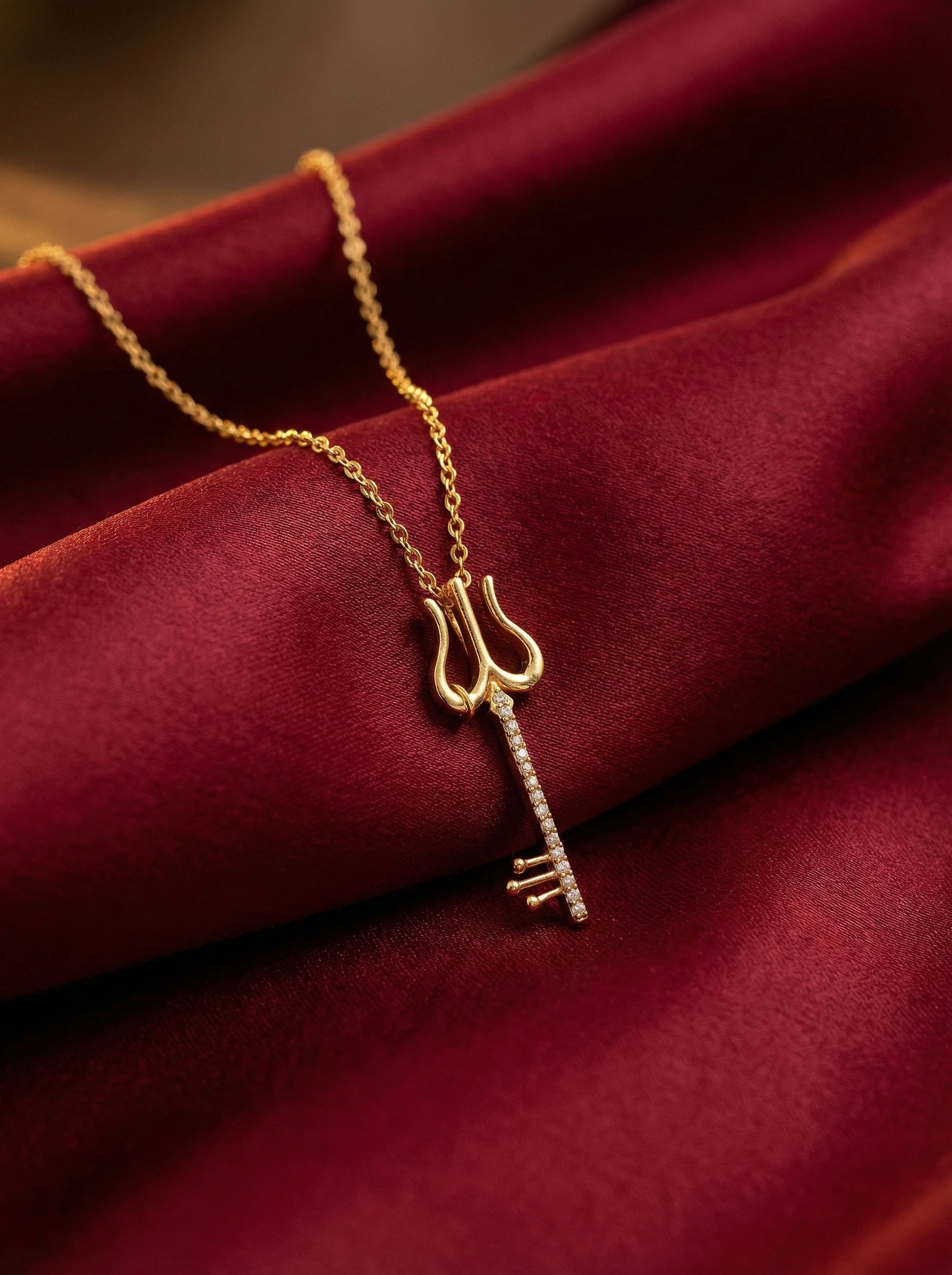 18k Gold plated necklace with a key pendant on a red fabric background
