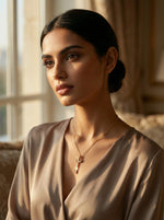 Woman wearing a beige top and 18k gold plated necklace in a softly lit room.