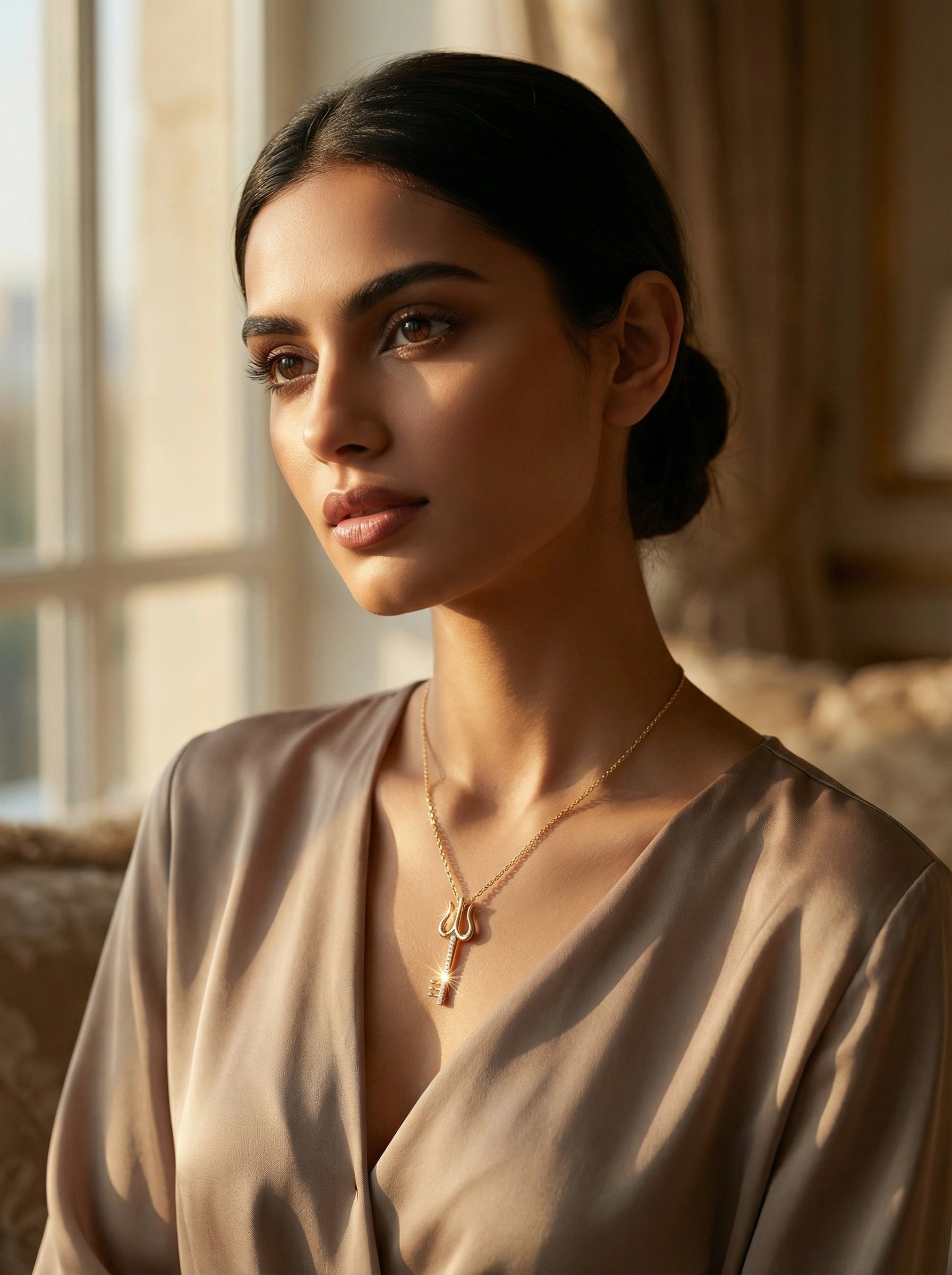 Woman wearing a beige top and 18k gold plated necklace in a softly lit room.